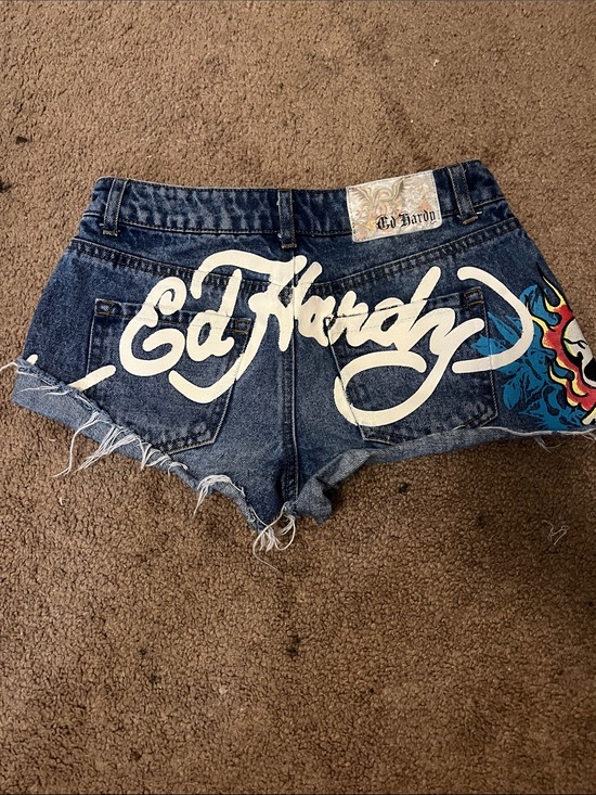 Ed Hardy Pants - Ed Hardy Dark Blue Denim Logo Cutoff Shorts with Colorful Side Graphic